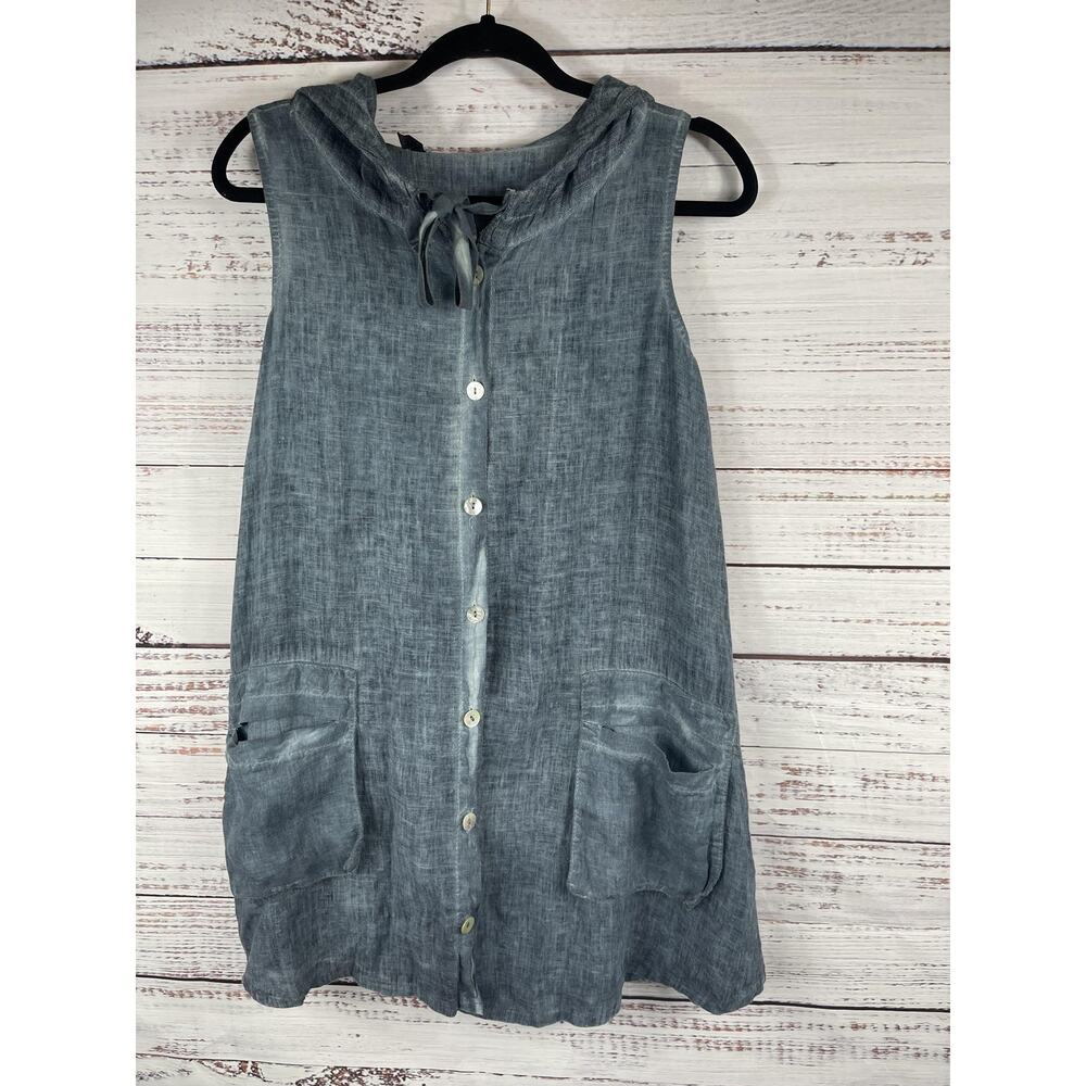 Inizio Shirt Womens Size Small Gray Linen Hooded Button Front Pockets Made Italy